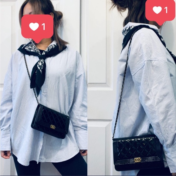 ❌SOLD❌Authentic Chanel Classic Black patent leather Leboy Wallet on Chain in RHW - Picture 9 of 17